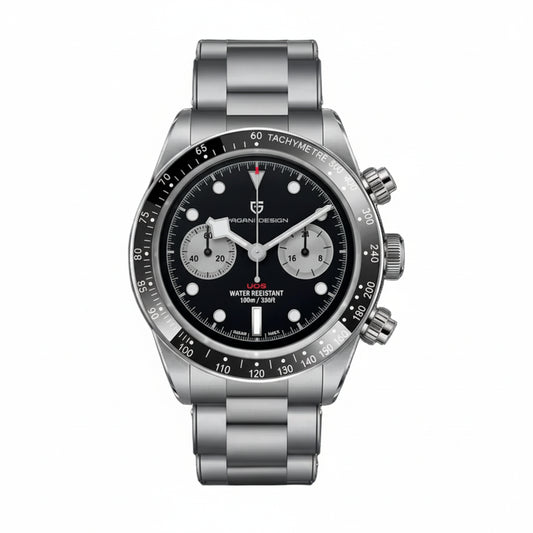 PAGANI DESIGN MEN'S CHRONOGRAPH SILVER STAINLESS STEEL BLACK DAIL CHAIN WATCH JAPANESS QUARTZ SKU-PD1718