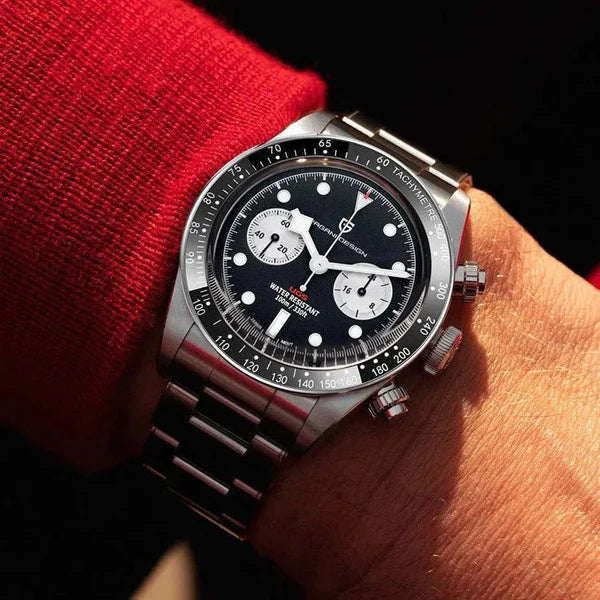 PAGANI DESIGN MEN'S CHRONOGRAPH SILVER STAINLESS STEEL BLACK DAIL CHAIN WATCH JAPANESS QUARTZ SKU-PD1718