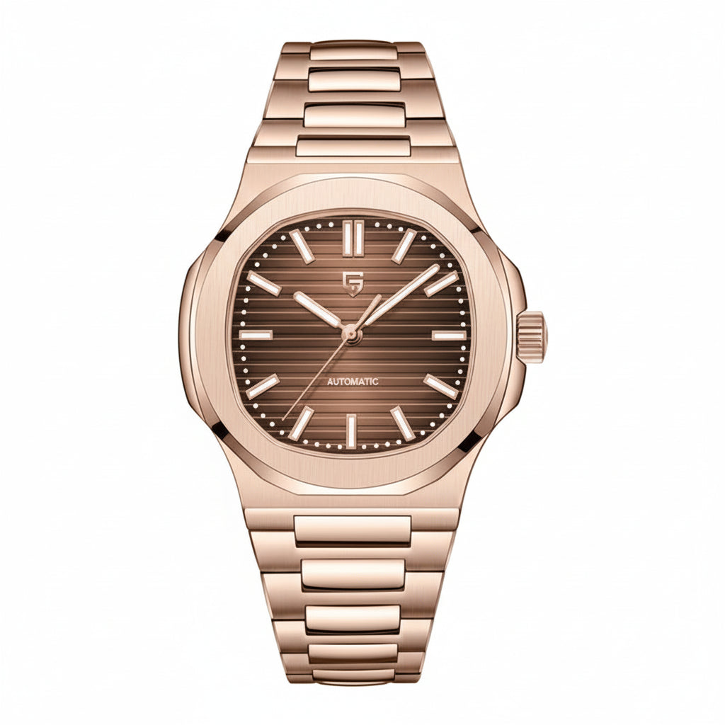 PAGANI DESIGN MEN'S ROSE GOLD STAINLESS STEEL AUTOMATIC WITH CHOCOLATE BROWN DAIL CHAIN WATCH SKU-PD1728