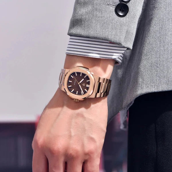 PAGANI DESIGN MEN'S ROSE GOLD STAINLESS STEEL AUTOMATIC WITH CHOCOLATE BROWN DAIL CHAIN WATCH SKU-PD1728
