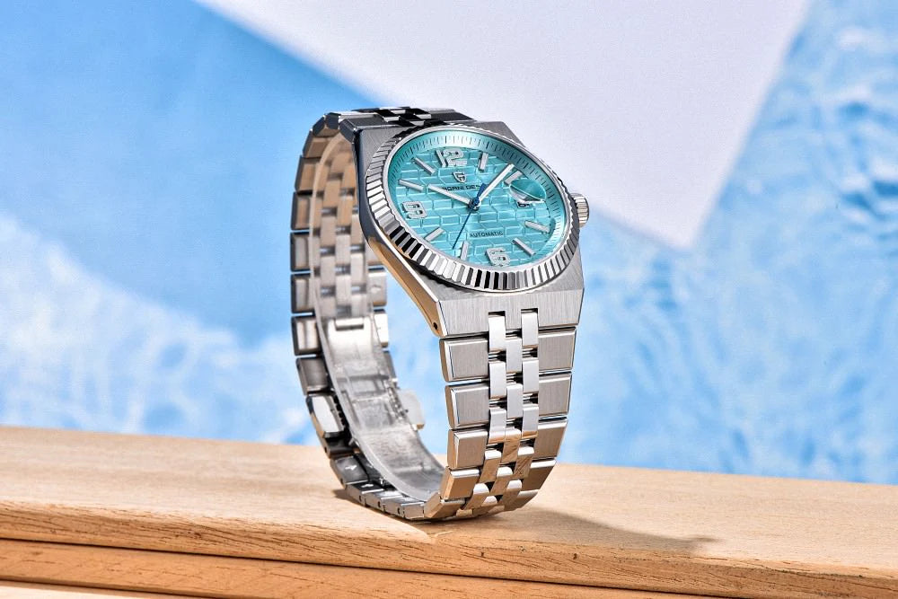 PAGANI DESIGN MEN'S NEW MODEL 2025 SILVER STAINLESS STEEL WITH ICE BLUE DAIL CHAIN WATCH AUTOMATIC SKU-YS027