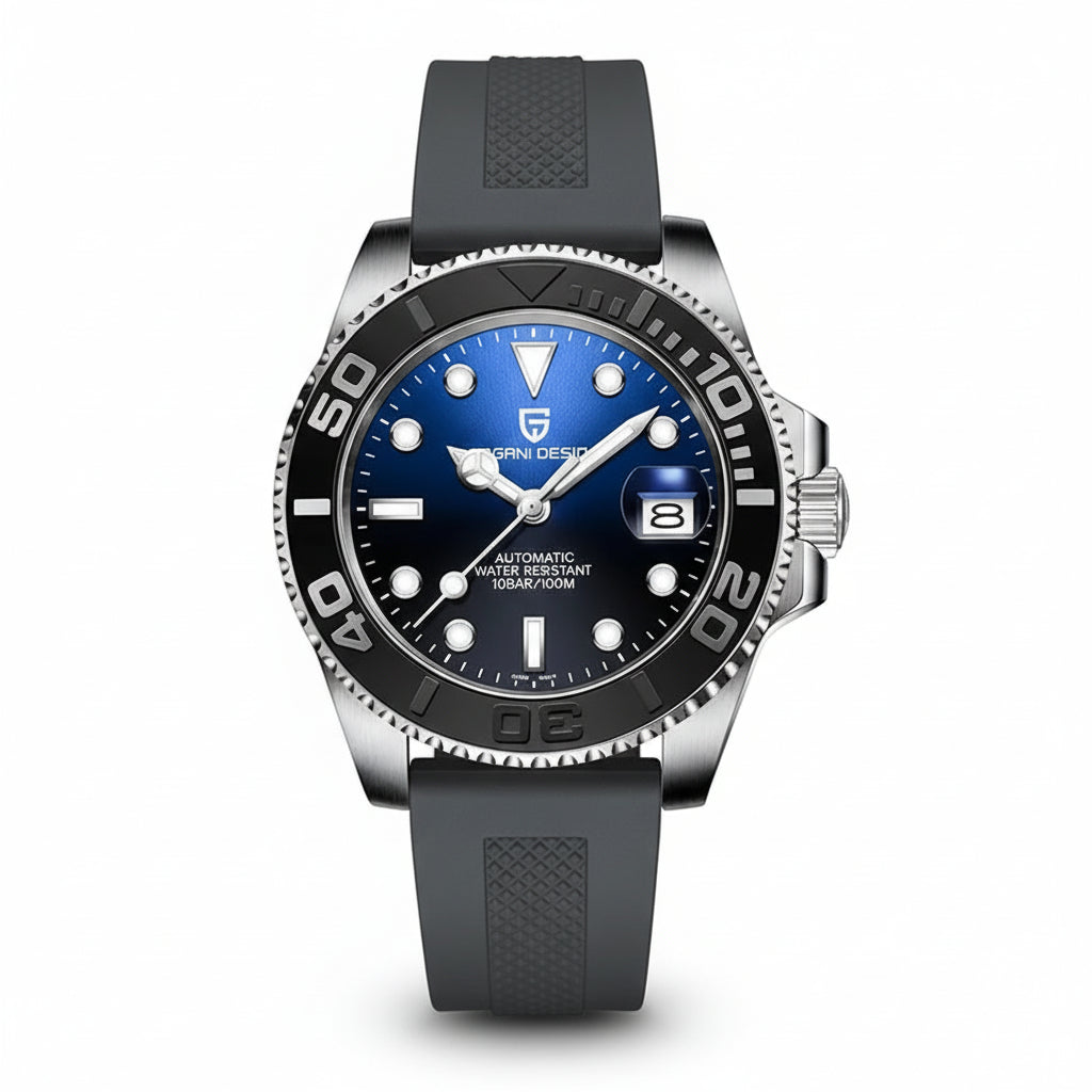 PAGANI DESIGN MEN'S WATCH AUTOMATIC SILVER STAINLESS STEEL BLACK & BLUE DAIL CHAIN WATCH SKU-PD-1651