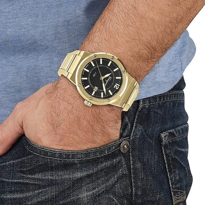 Ferragamo Men’s Swiss Made Quartz Gold Stainless Steel Black Dial 44mm Watch SFHY00821