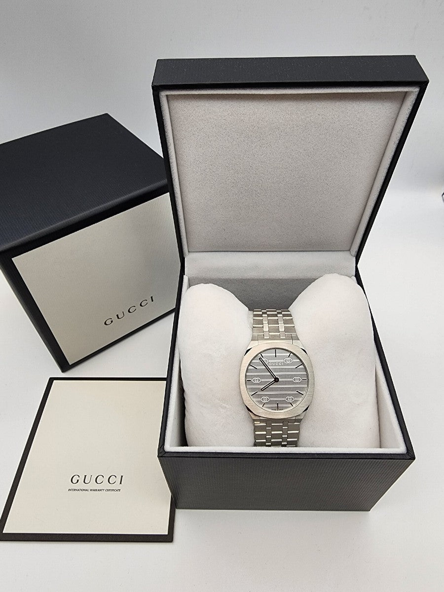 Gucci Women’s Swiss Made Quartz Silver Stainless Steel Silver Dial 34mm Watch YA163402