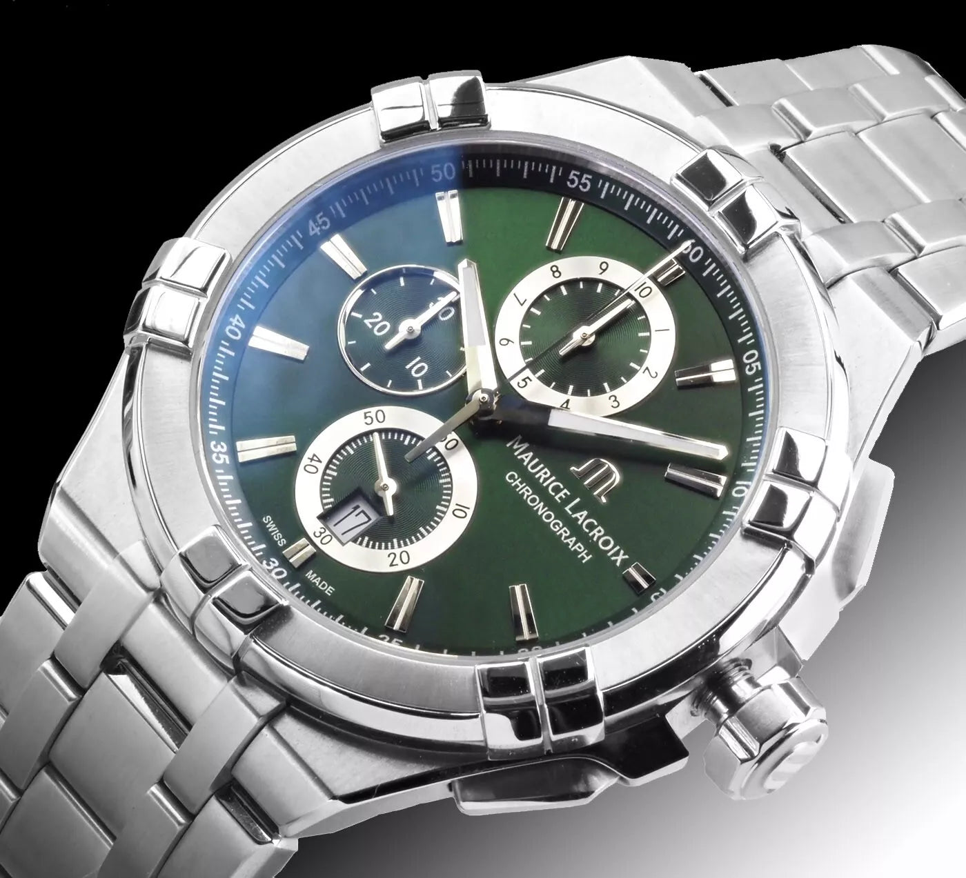 Maurice Lacroix Men’s Quartz Swiss Made Silver Stainless Steel Green Dial 44mm Watch AI1018-SS002-630-1