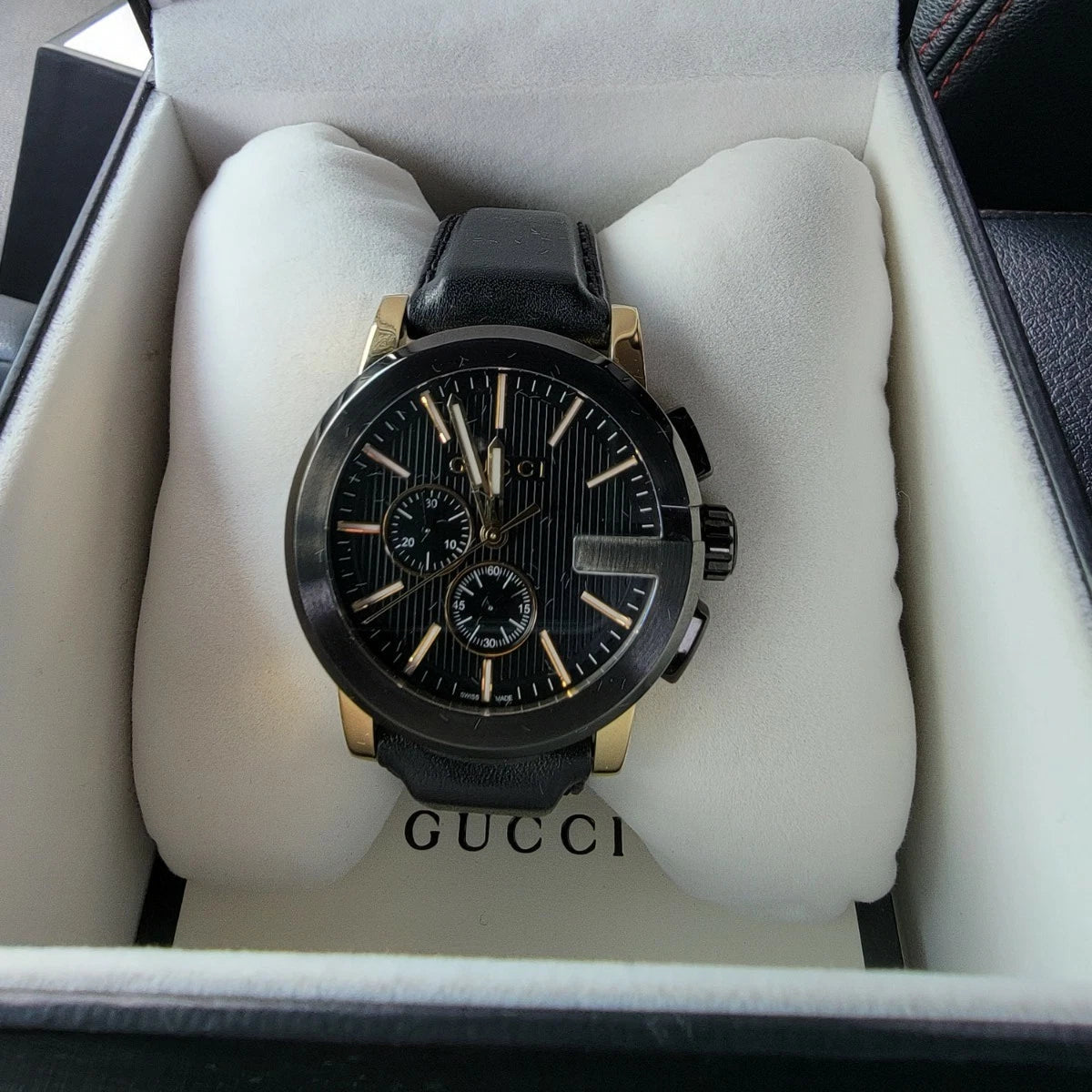 Gucci Men’s Swiss Made Quartz Leather Strap Black Dial 44mm Watch YA101203