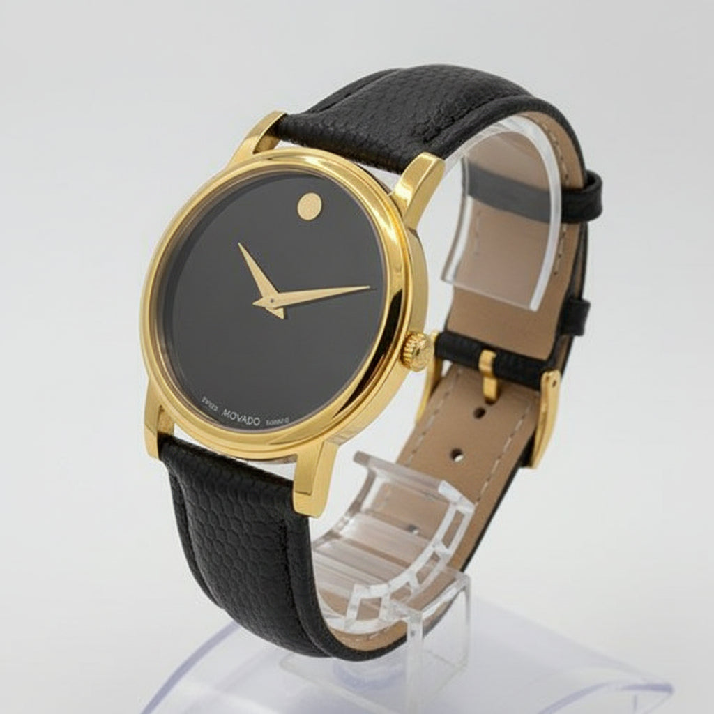 Movado Men’s Quartz Swiss Made Leather Strap Black Dial 38mm Watch 2100005
