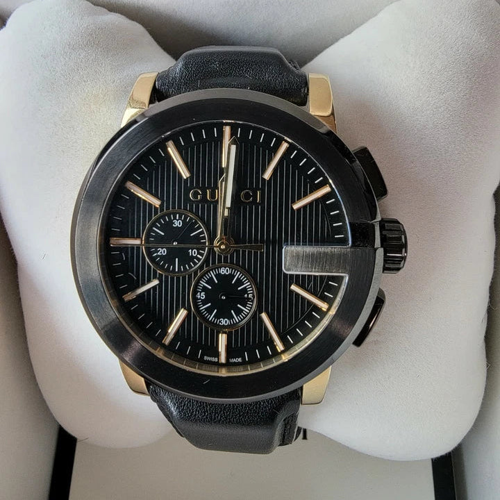 Gucci Men’s Swiss Made Quartz Leather Strap Black Dial 44mm Watch YA101203