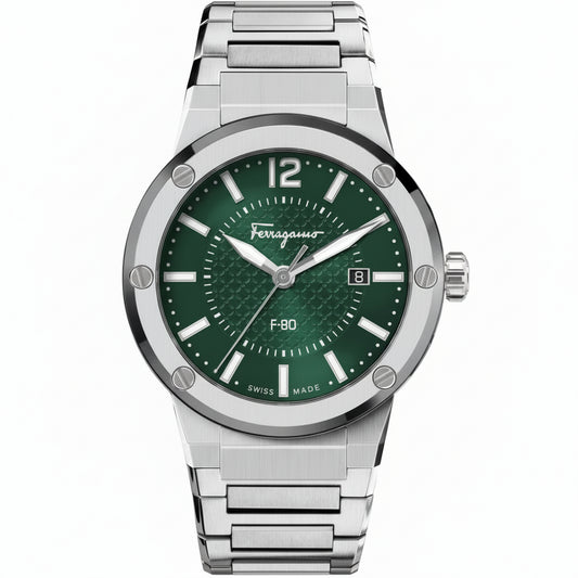 Ferragamo Men’s Swiss Made Quartz Silver Stainless Steel Green Dial 44mm Watch SFHY00621