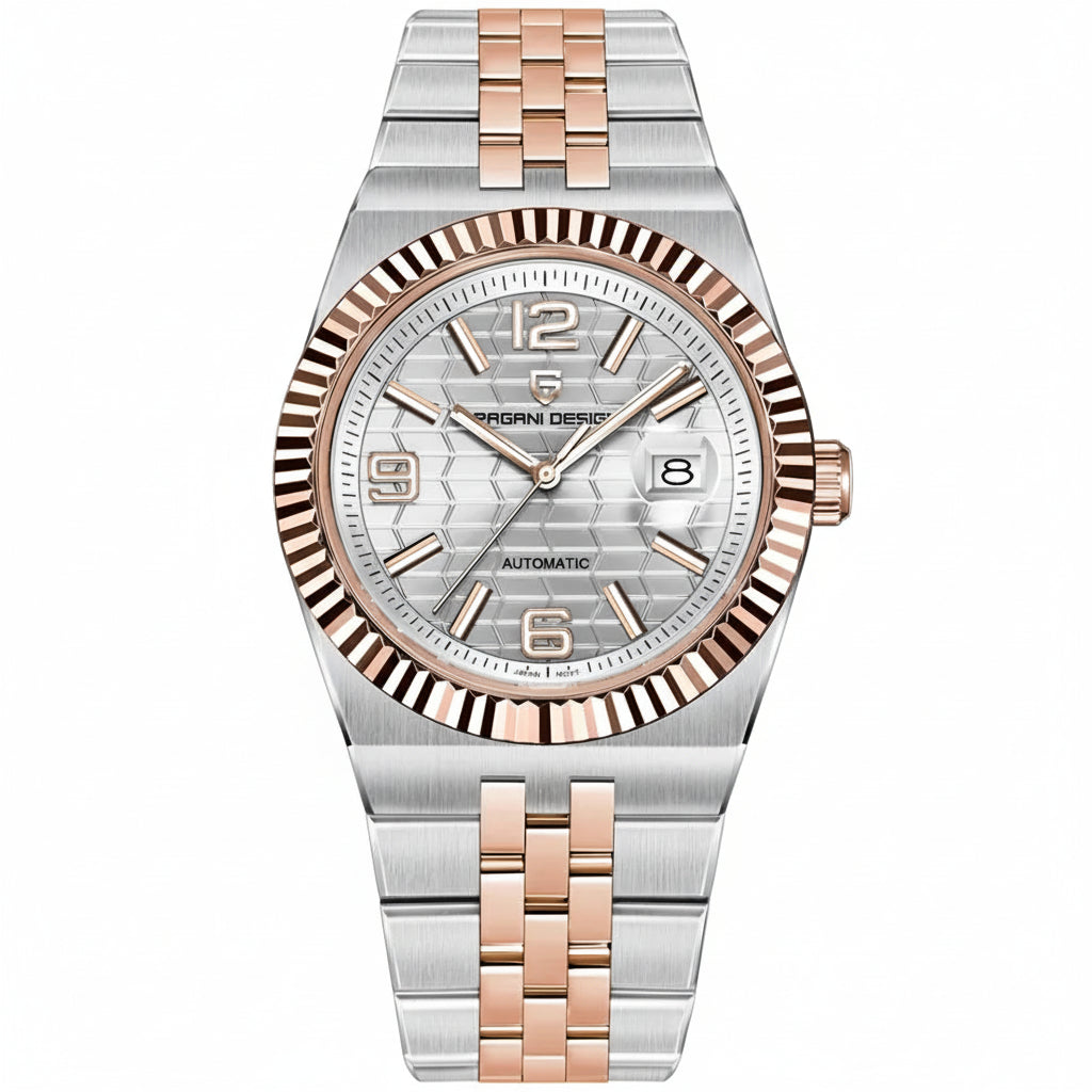 PAGAI DESIGN MEN'S 2025 NEW MODEL AUTOMATIC RHOMBUS DAIL TWO TONE ROSE GOLD CHAIN WATCH SKU-YS027