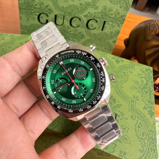 Gucci Men’s Swiss Made Quartz Silver Stainless Steel Green Dial 41mm Watch YA142318