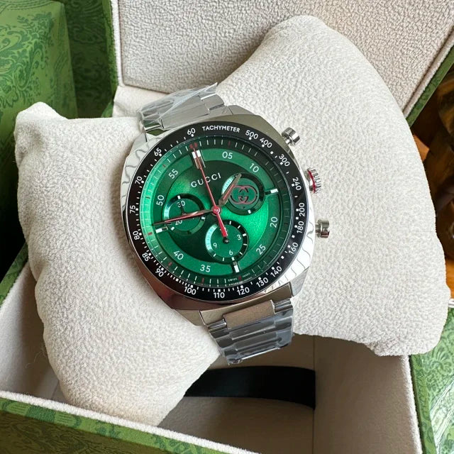 Gucci Men’s Swiss Made Quartz Silver Stainless Steel Green Dial 41mm Watch YA142318