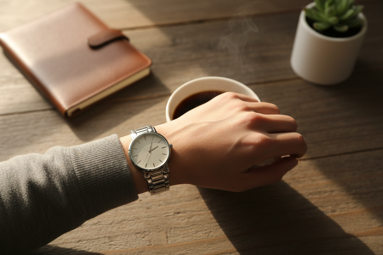 wrist watch in hand person but uniqe and without logo