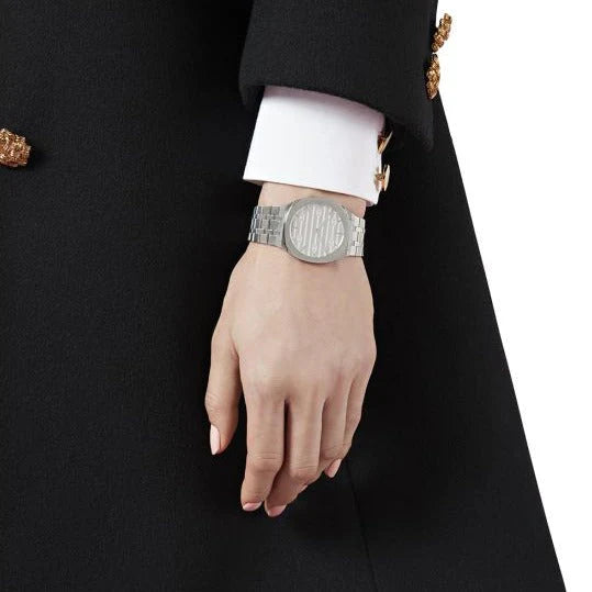 Gucci Women’s Swiss Made Quartz Silver Stainless Steel Silver Dial 34mm Watch YA163402