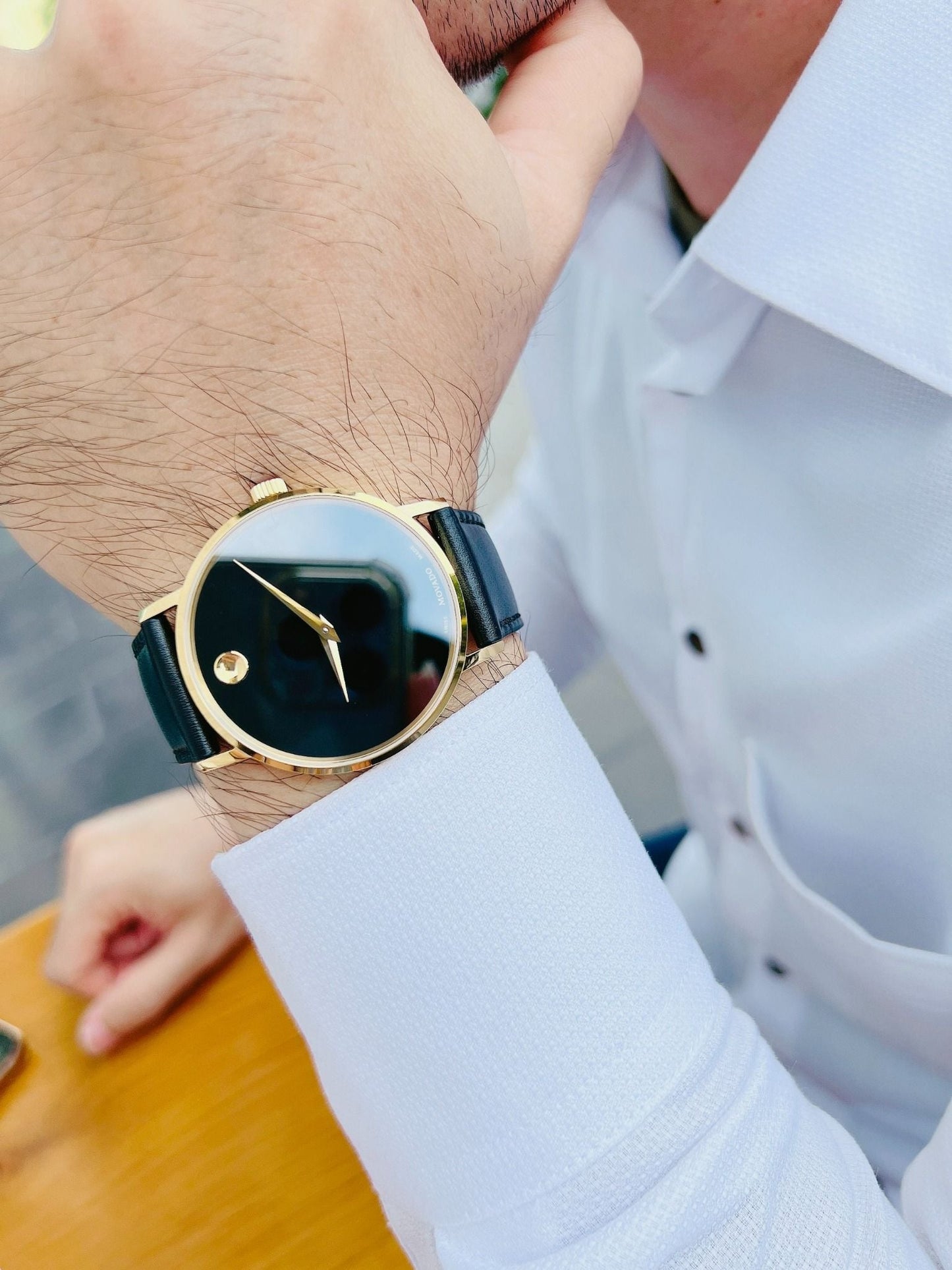 Movado Men’s Swiss Made Quartz Golden Black Leather Strap Blue Dial 40mm Watch 0607314
