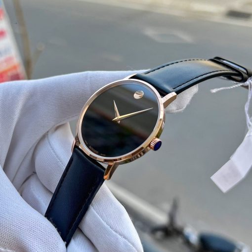 Movado Men’s Swiss Made Quartz Rose Gold Black Leather Strap Black Dial 40mm Watch 0607315
