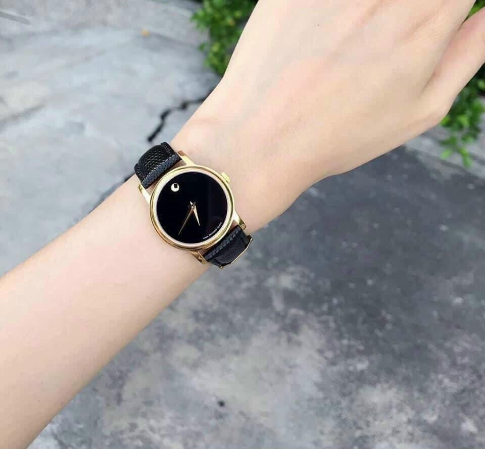 Movado Women’s Quartz Swiss Made Black Leather Strap Black Dial 26mm Watch 2100006