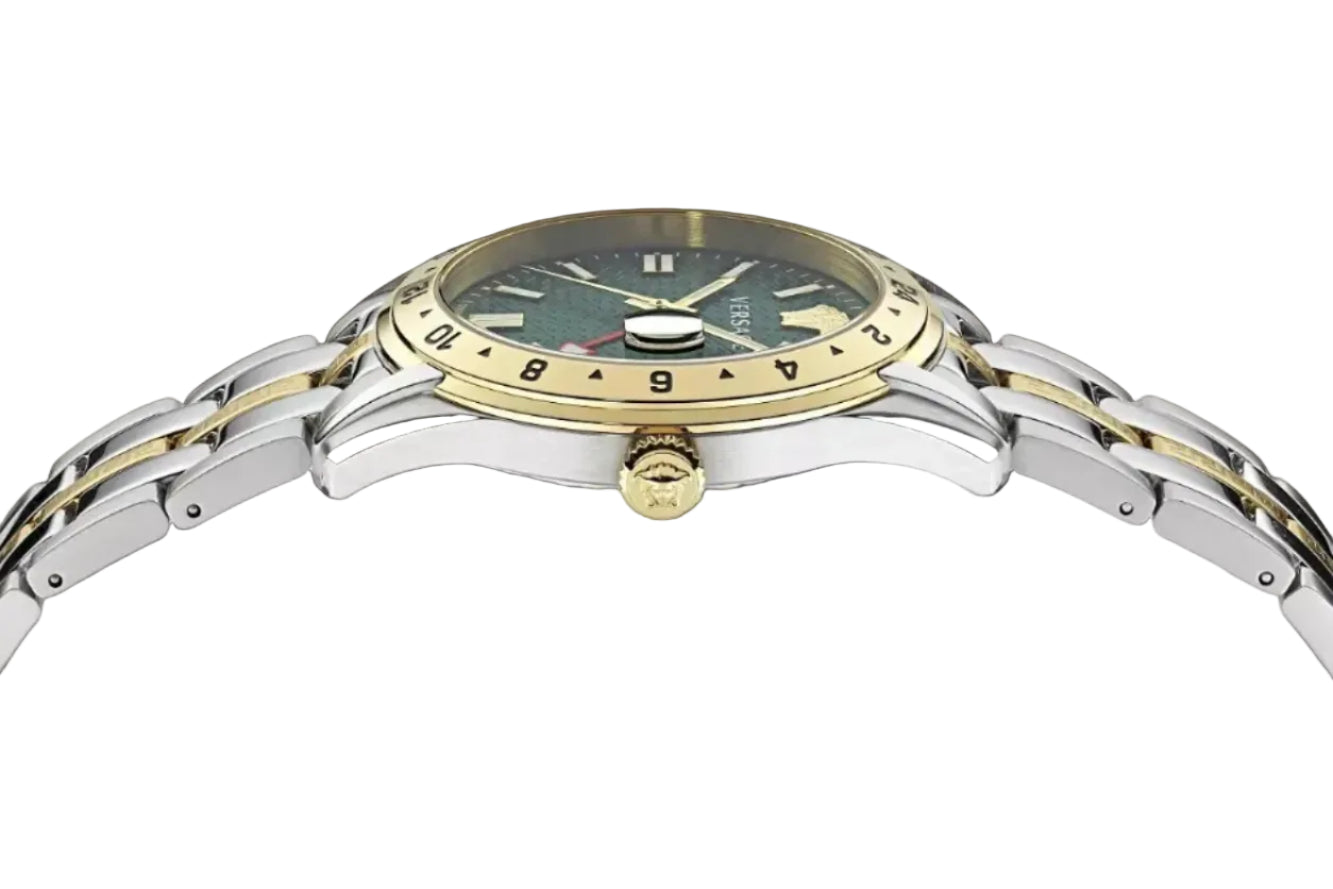 Versace Men’s GMT GRECA Quartz Swiss Made Two Tone Stainless Steel Green Dial 41mm Watch VE7C00623