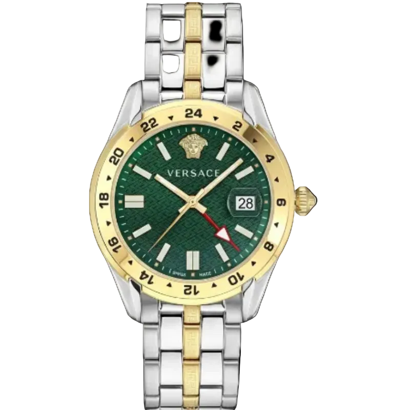 Versace Men’s GMT GRECA Quartz Swiss Made Two Tone Stainless Steel Green Dial 41mm Watch VE7C00623