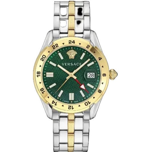 Versace Men’s GMT GRECA Quartz Swiss Made Two Tone Stainless Steel Green Dial 41mm Watch VE7C00623
