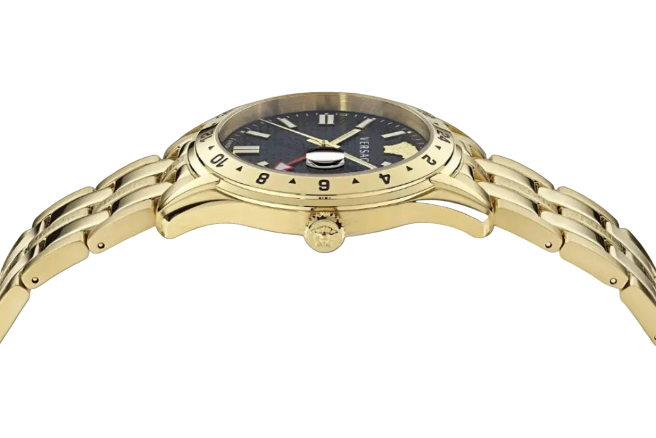 Versace Men’s GRECA GMT Quartz Swiss Made Gold Stainless Steel Black Dial 41mm Watch VE7C00723
