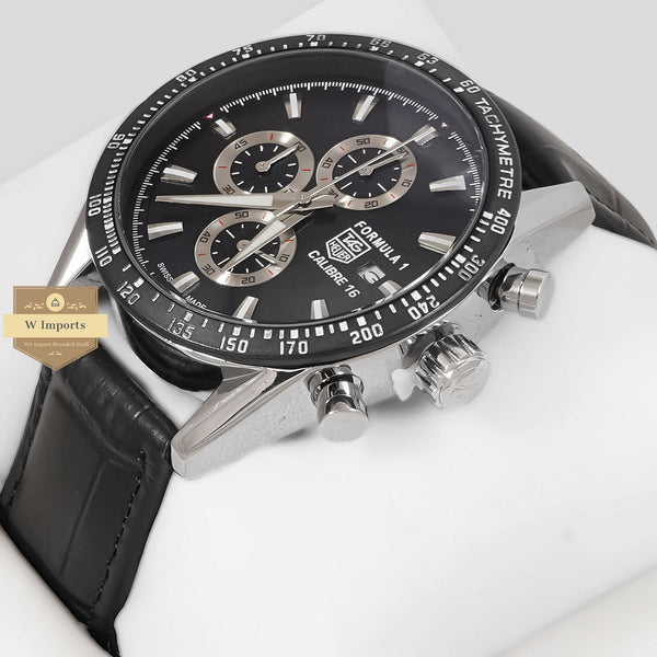LATEST COLLECTION CHRONOGRAPH SILVER CASE WITH BLACK DIAL AND LEATHER STRAP