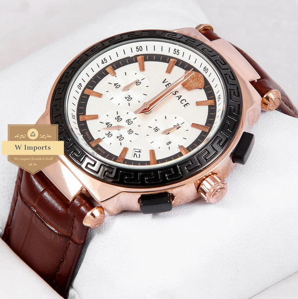 Latest Collection Rose Gold & Black Case With White Dial & Brown Leather Strap