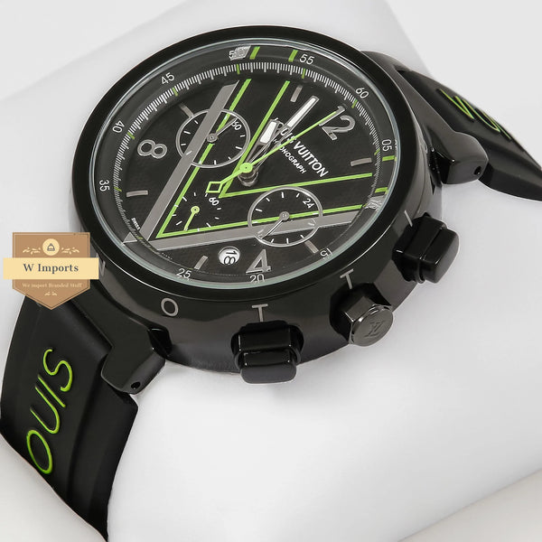 OOS Latest All Black With Green Niddle And Black Rubber Strap Chronograph Watch