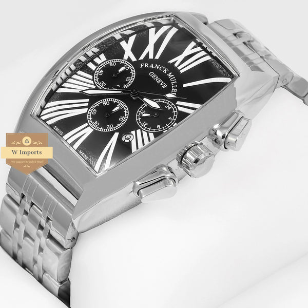 Latest Collection Chronograph Geneve Silver With Black Dial Chain Watch