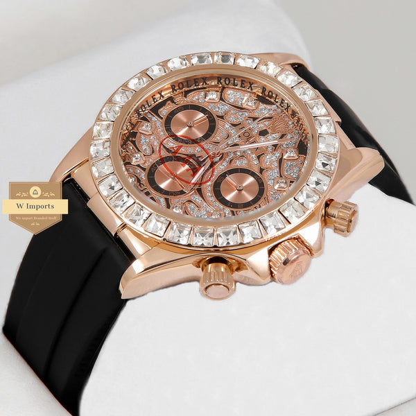 Latest Collection Eye of The Tiger Rose Gold Stone Bezel & Dial With Black Rubber Strap