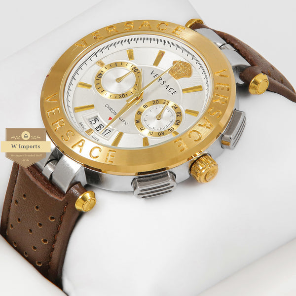 Latest Collection Chronograph Yellow Gold Bezel Silver Case With Dial & Brown Leather Strap