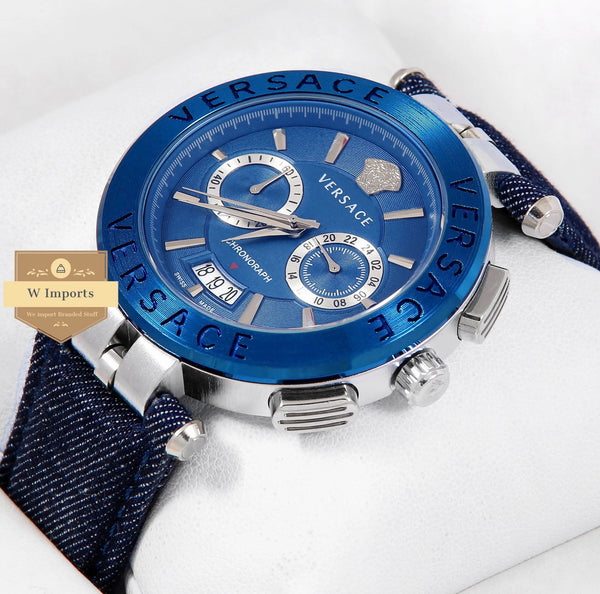 Latest Collection Chronoghraph Silver & Blue Case With Dial & Jeans Strap