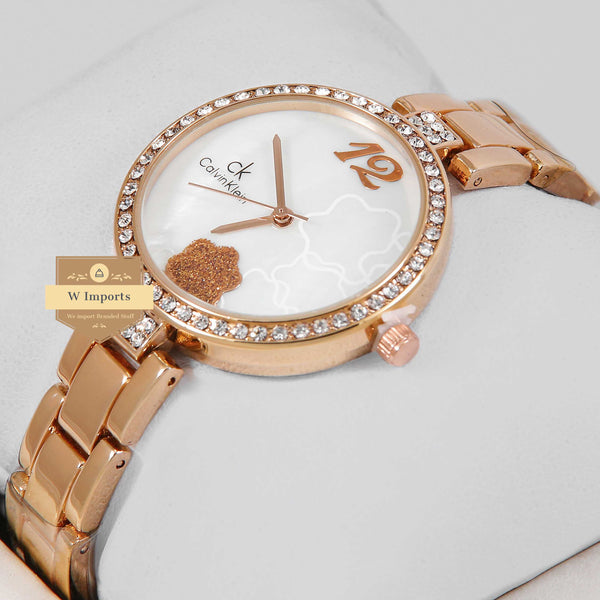 Latest Collection Rose Gold With White Dial & Stone Bezel Ladies Watch