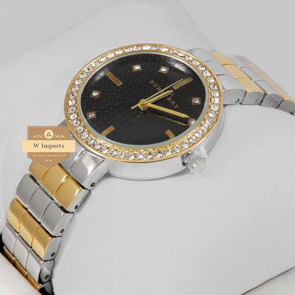 Latest Collection Two Tone Yellow Gold With Black Dial & Stone Bezel Ladies Watch