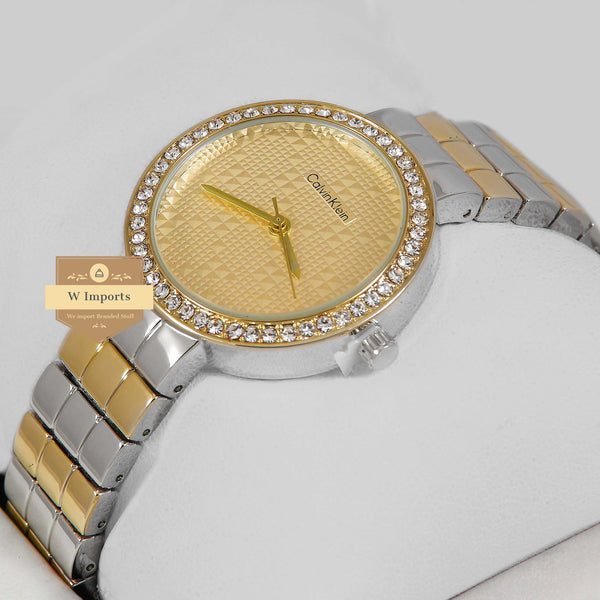 Latest Collection Two Tone Yellow Gold Dial & Stone Bezel Ladies Watch