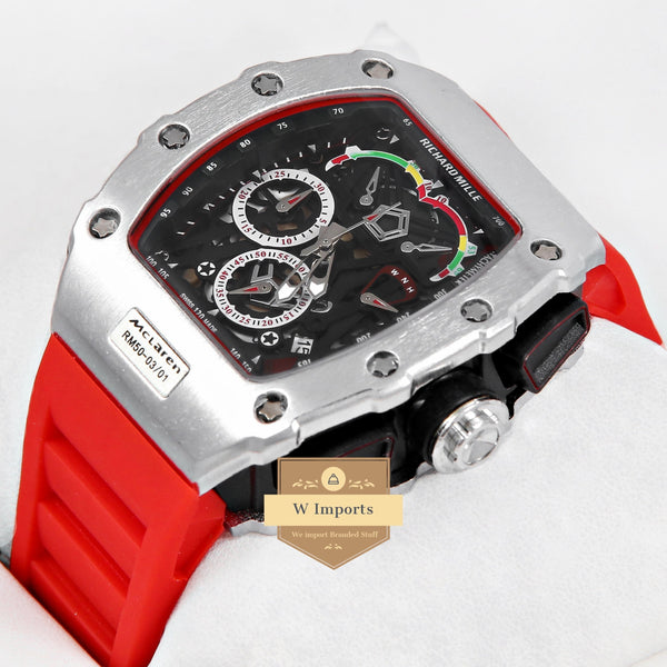 Latest Collection Chronograph Silver Case With Black Dial & Red Rubber Strap
