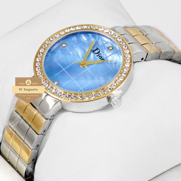 Latest Collection Two Tone Yellow Gold With Sky Blue Dial & Stone Bezel Ladies Watch