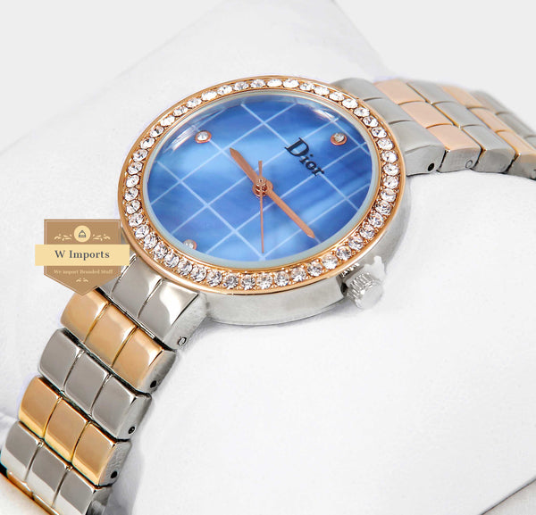 Latest Collection Two Tone Rose Gold With Sky Blue Dial Stone Bezel Ladies Watch