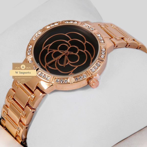 Latest Collection Rose Gold With Black Dial & Stone Bezel Ladies Watch