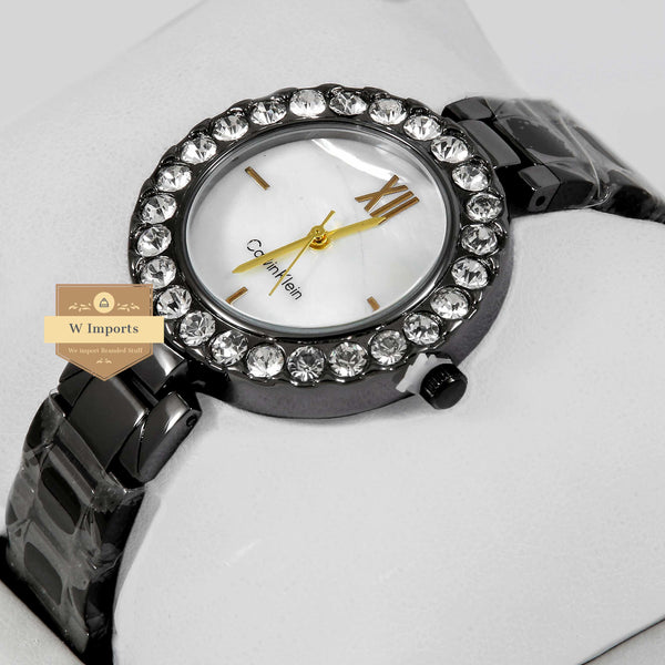 Latest Collection Black With White Dial & Stone Bezel Ladies Watch