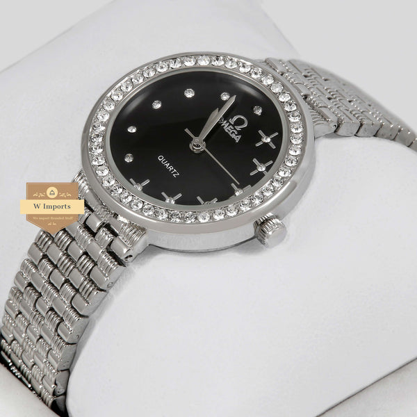 Latest Collection Silver Chain With Black Dial Silver Stone Bezel Ladies Watch
