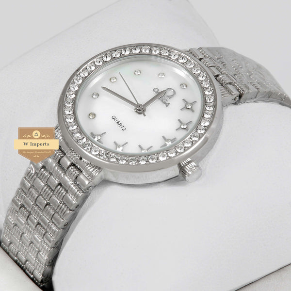 Latest Collection Silver Chain With White Dial Silver Stone Bezel Ladies Watch