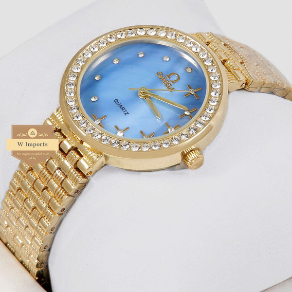 Latest Collection Golden With Blue Dial Stone Bezel Ladies Watch