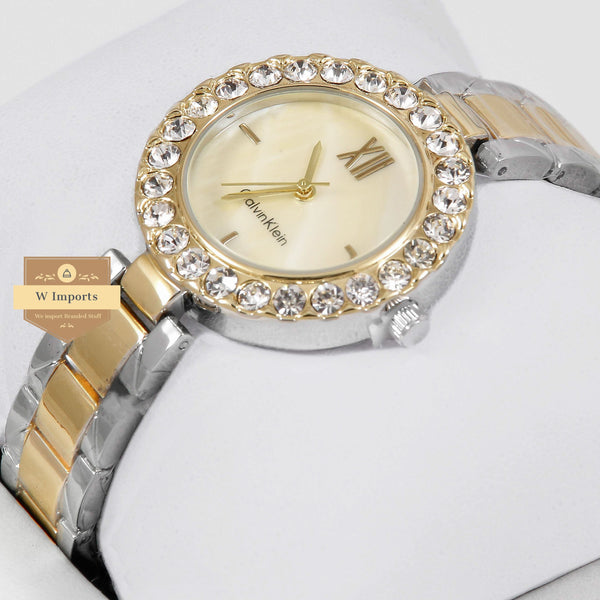 Latest Collection Two Tone Golden& Silver With Yellow Dial & Stone Bezel Ladies Watch