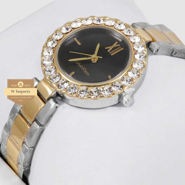 Latest Collection Two Tone Golden& Silver With Black Dial & Stone Bezel Ladies Watch