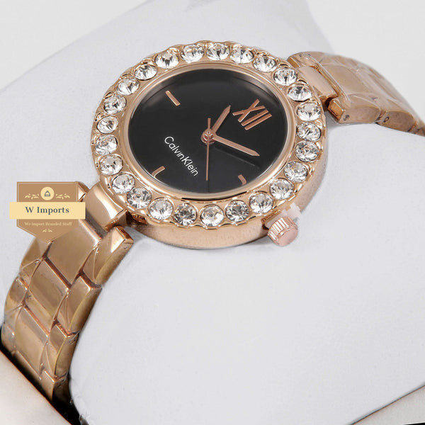 Latest Collection RoseGold With Black Dial & Stone Bezel Ladies Watch