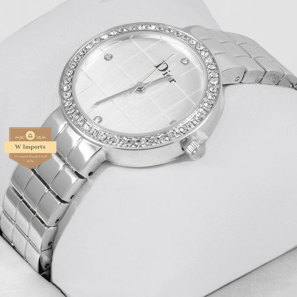 oos Latest Collection Silver With White Dial & Stone Bezel Ladies Watch