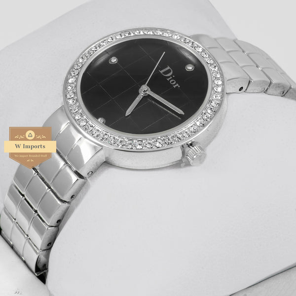 Latest Collection Silver With Black Dial & Stone Bezel Ladies Watch