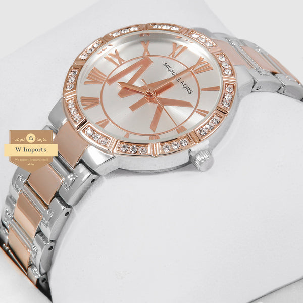 oos Latest Collection Two Tone Rose Gold & Silver With Silver Dial Stone Bezel Ladies Watch