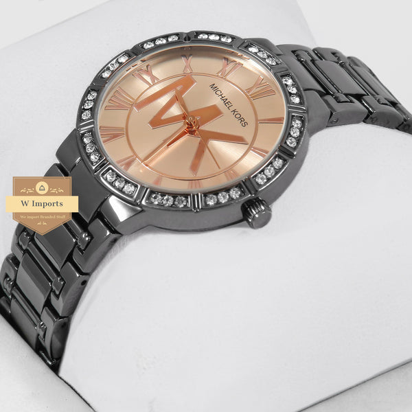 Latest Collection Black With Rose Gold Dial & Stone Bezel Ladies Watch